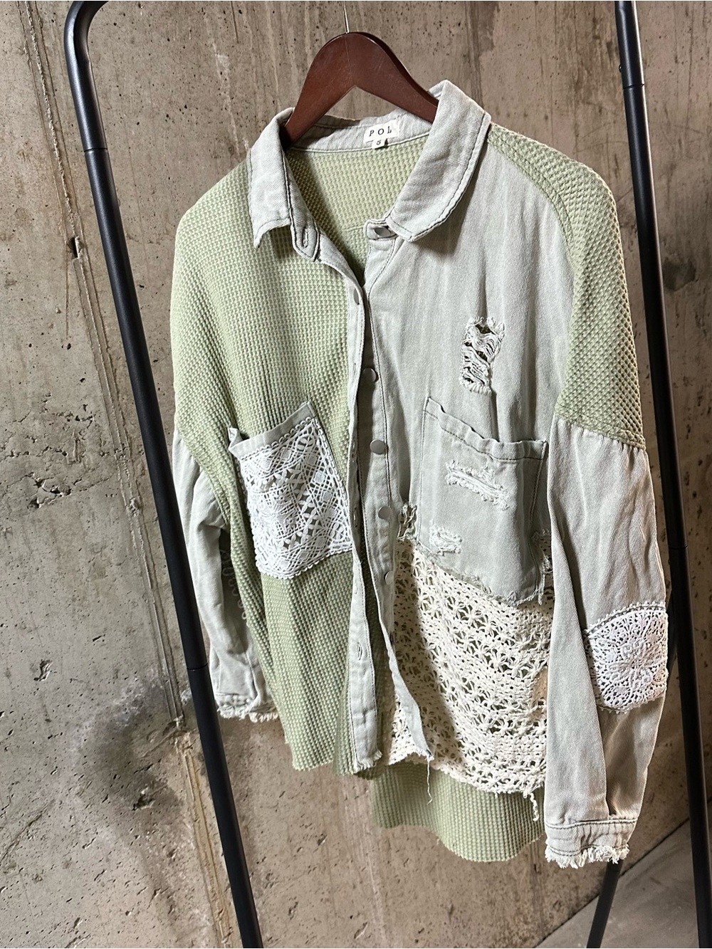 POL Patchwork Crochet-Accent Light Sage Jean Jacket